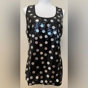 Dots Sequined Women’s Black Tank Top w/Silver Polka Dots, Size XL
